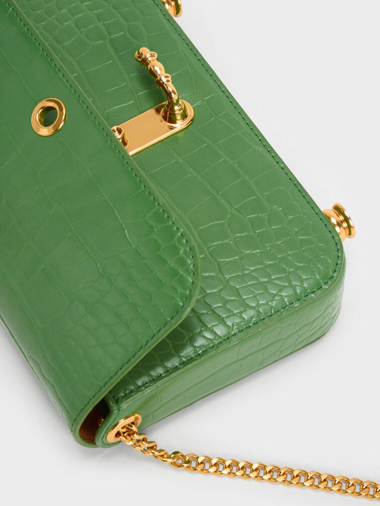 حقيبة كلاتش موديل ميريا بنقشة جلد التمساح, لون أخضر, hi-res
