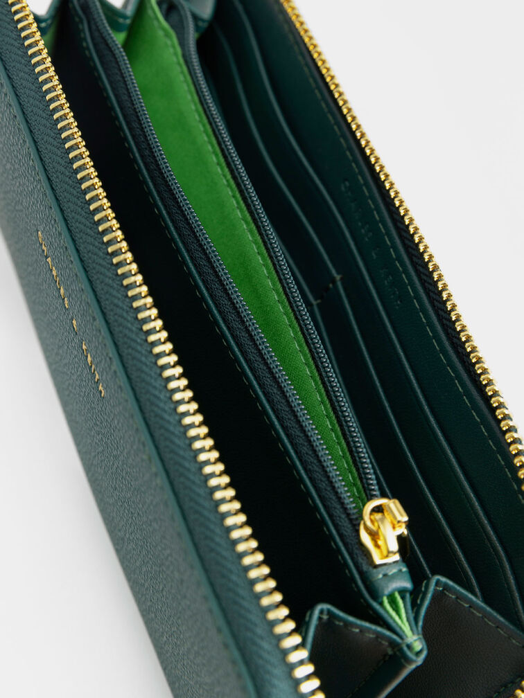 محفظة طويلة بسحاب يحيطها بالكامل, لون أخضر, hi-res