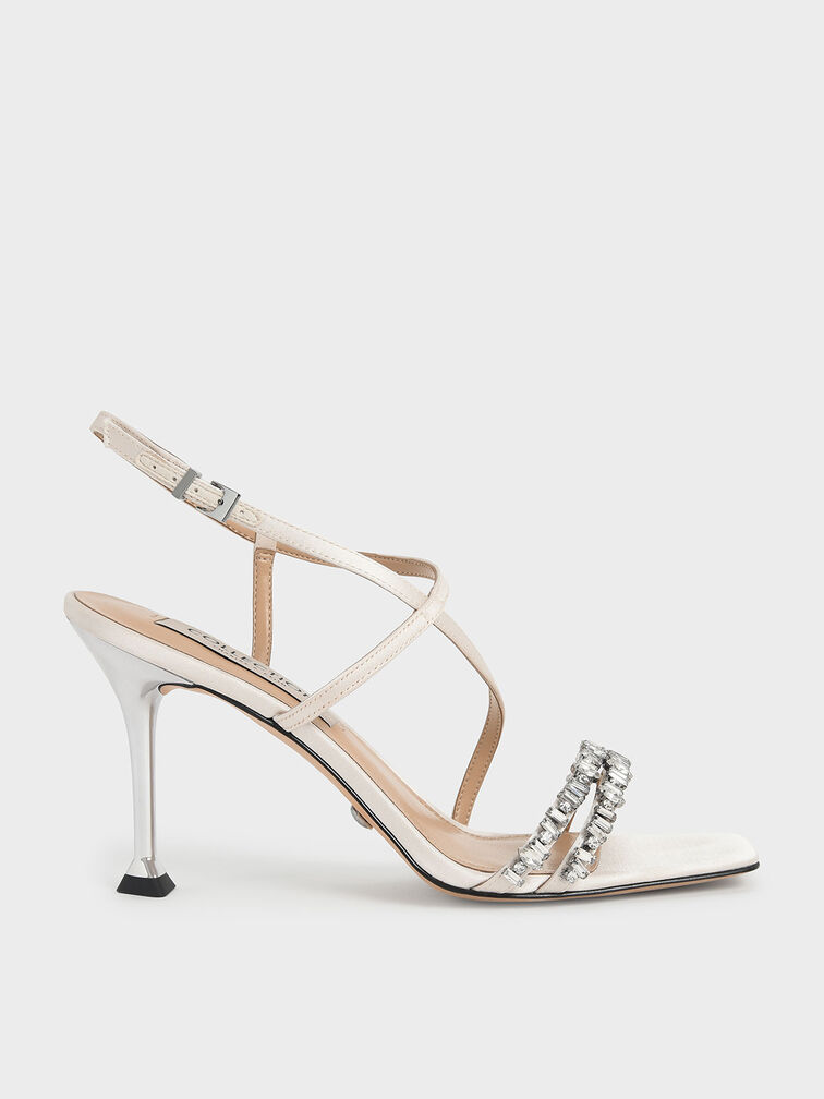 Satin Gem-Embellished Asymmetric Sandals, Cream, hi-res
