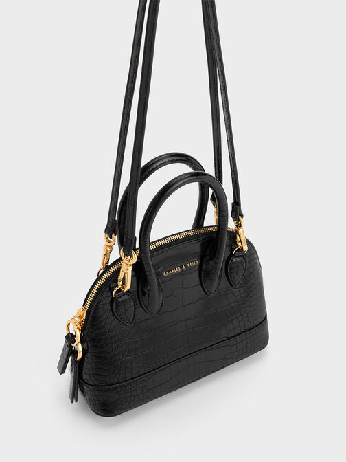 Harmonee Croc-Embossed Bowling Bag, Black, hi-res
