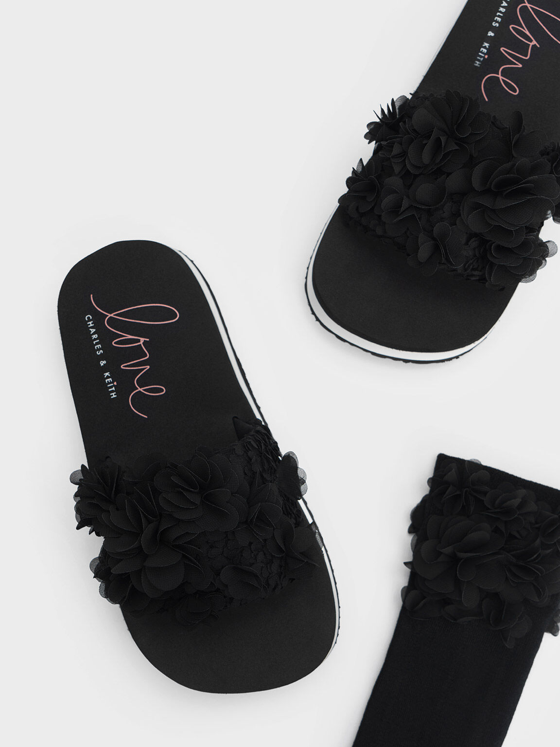 Floral Mesh Flatform Sandals, Black, hi-res