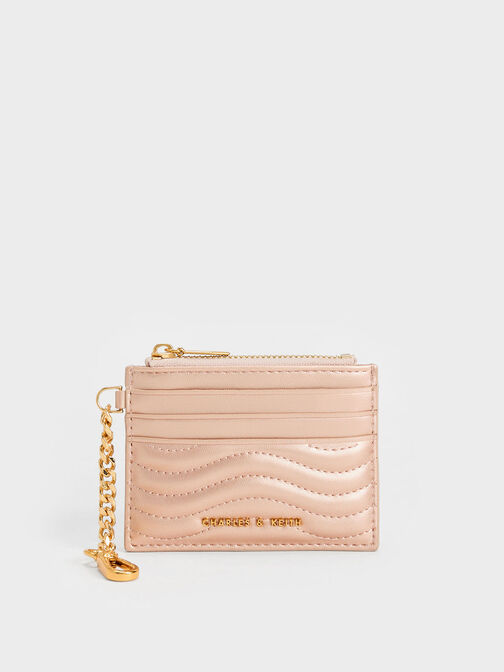 Aubrielle Stitch-Trim Zip Card Holder, Rose Gold, hi-res