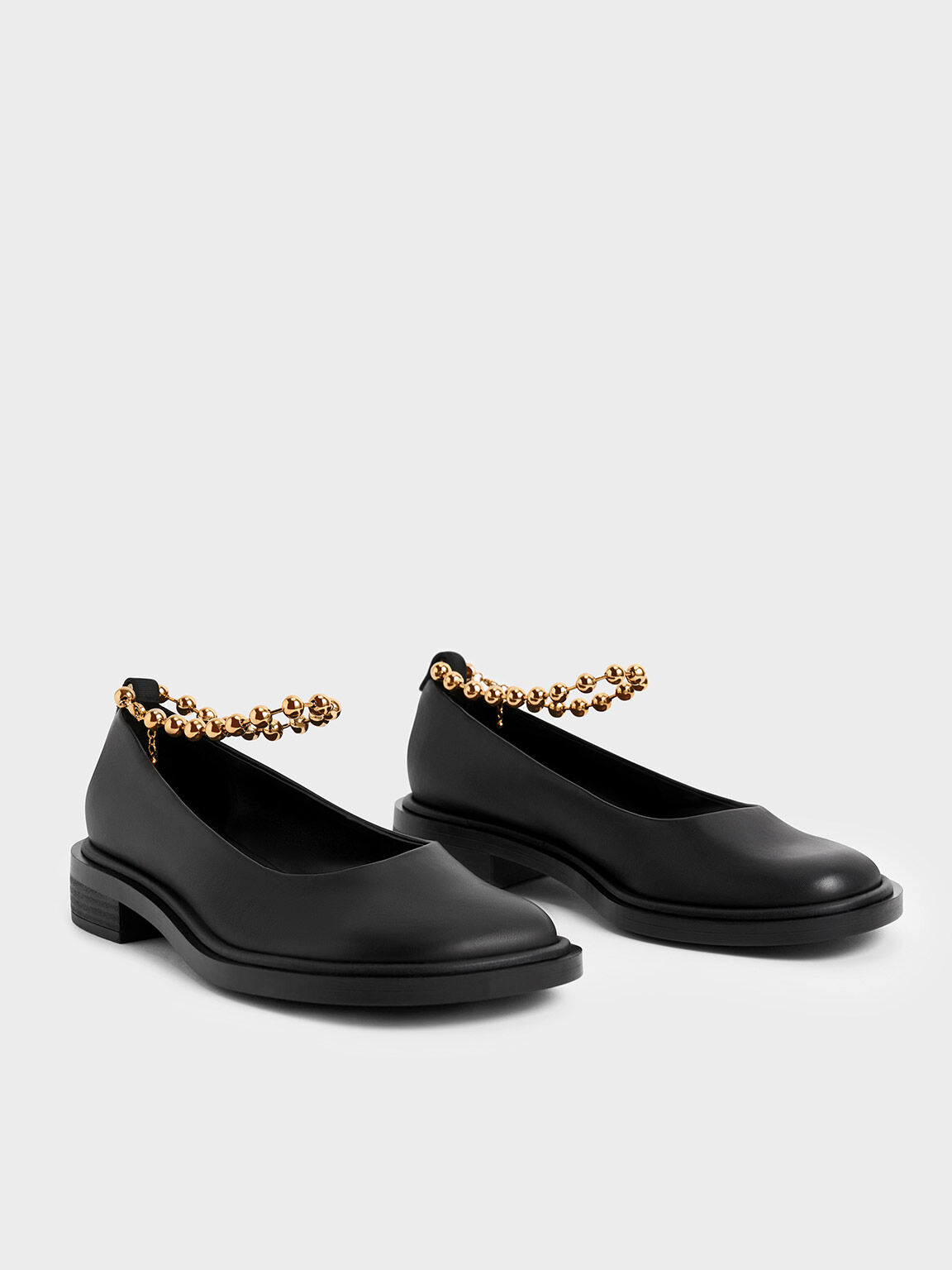 Beaded Ankle-Strap Leather Ballerinas, Black, hi-res
