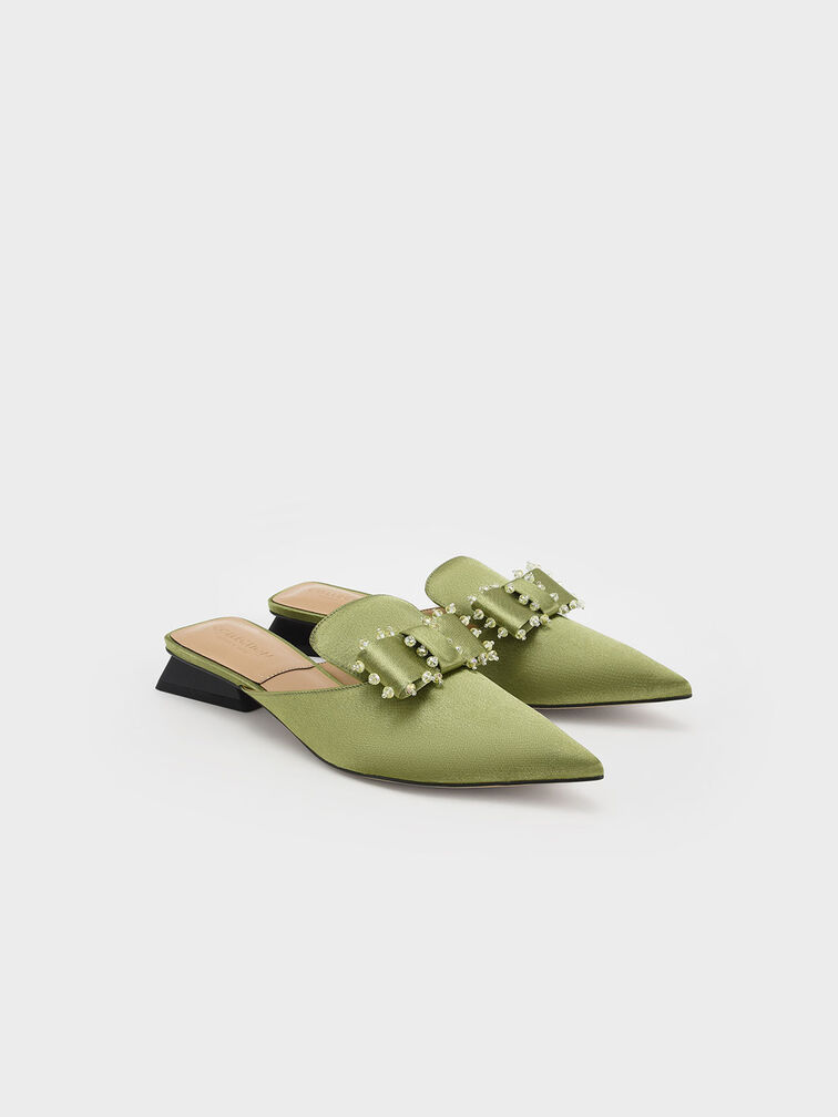 Satin Bead-Embellished Loafer Mules, Green, hi-res