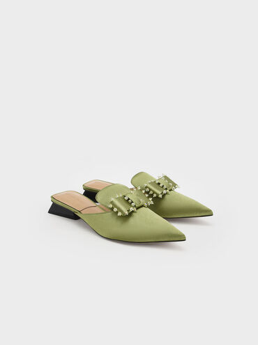 Satin Bead-Embellished Loafer Mules, Green, hi-res