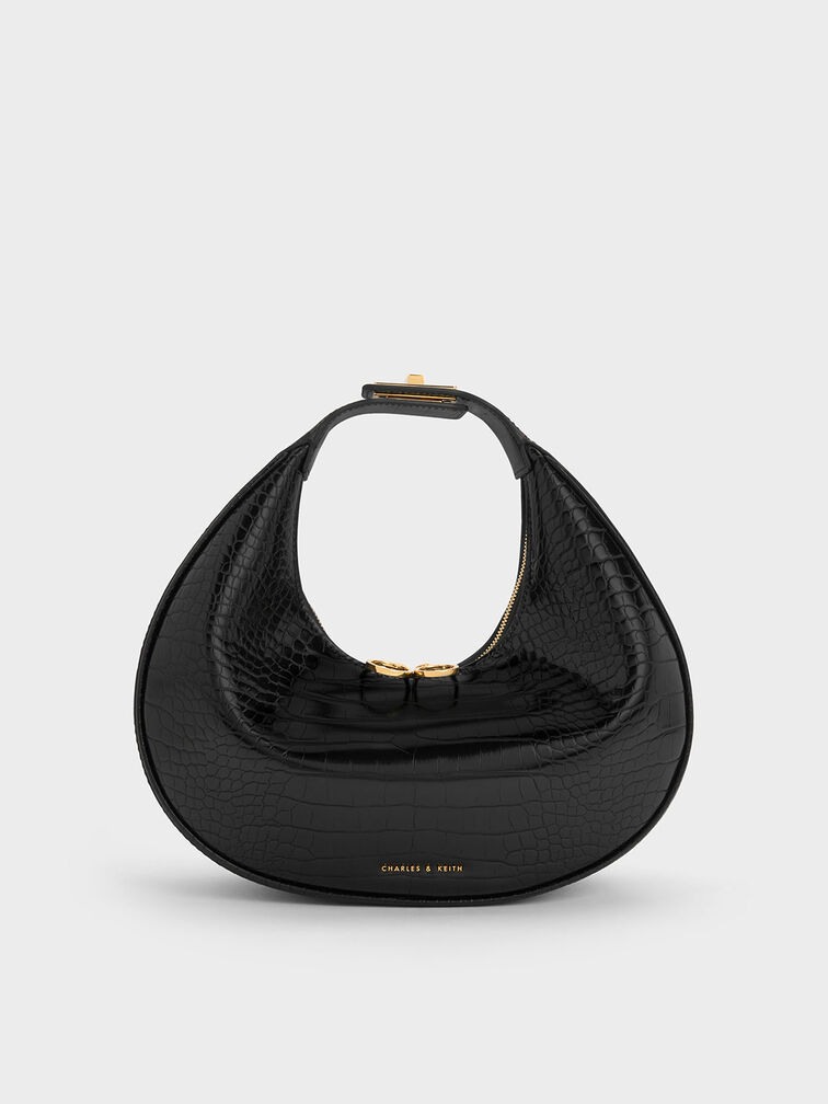 Croc-Embossed Crescent Hobo Bag, Black, hi-res