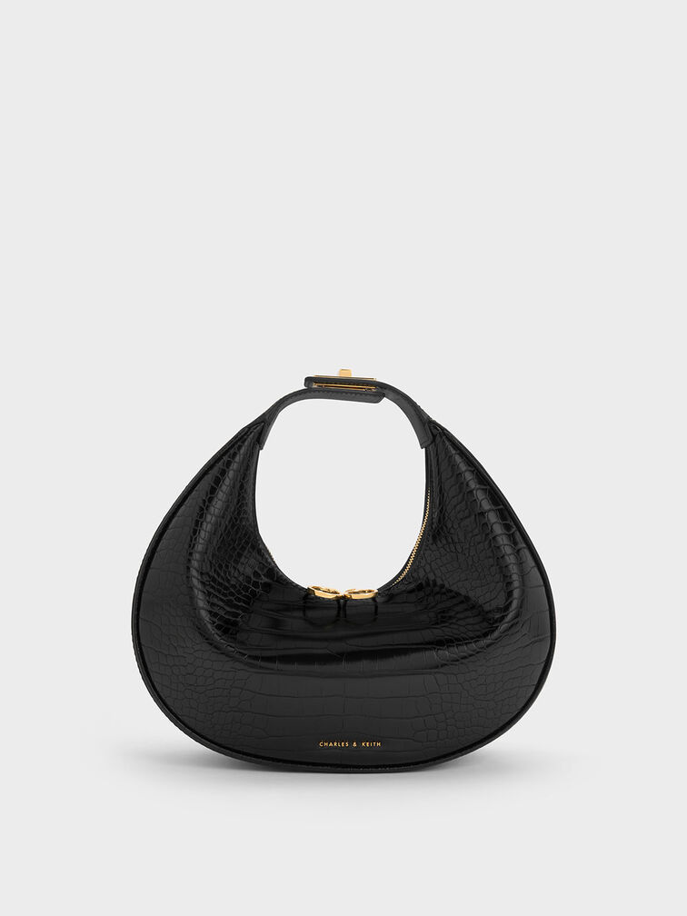 حقيبة هوبو بتصميم تمساح محفور عليه هلال, أسود, hi-res