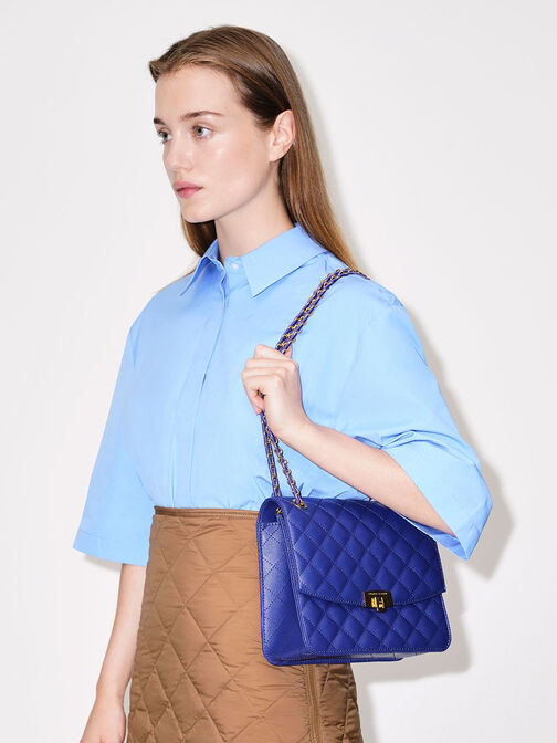 Quilted Chain Strap Clutch, Cobalt, hi-res