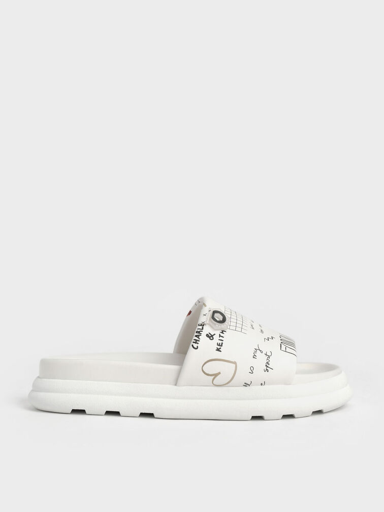 Graffiti Print Flatform Sliders, White, hi-res