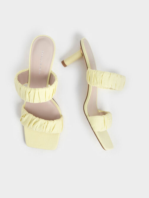 Linen Ruched Heeled Mules, Yellow, hi-res