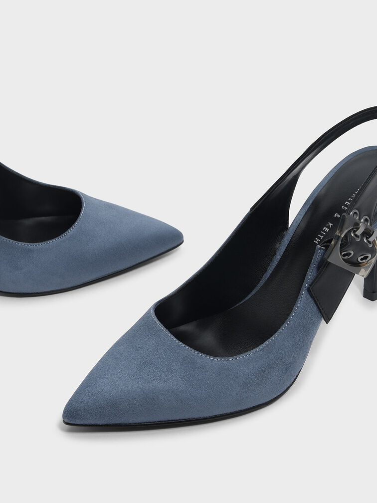 Textured Buckled Slingback Pumps, Blue, hi-res