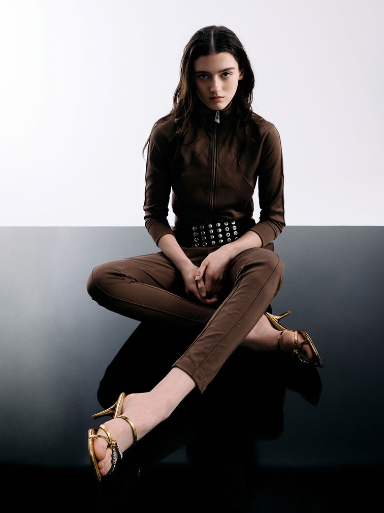 Textured Gem-Embellished Strappy Heeled Sandals, Gold, hi-res