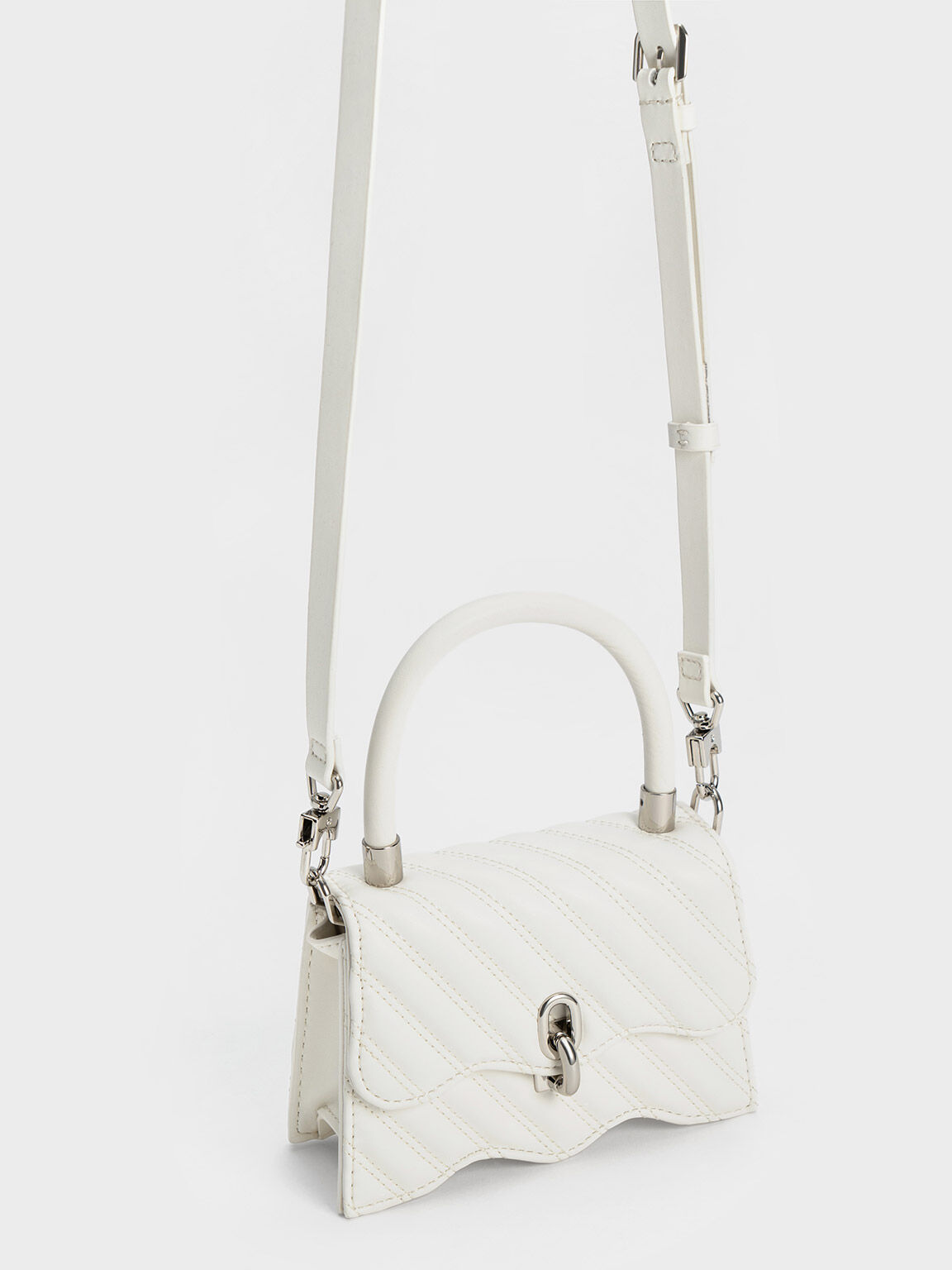 Freja Wavy Quilted Top Handle Bag, White, hi-res