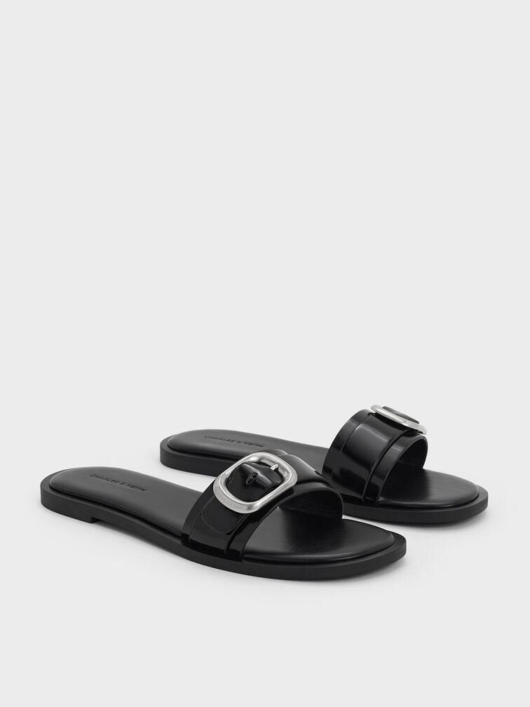 Buckle-Strap Slide Sandals, Black Boxed, hi-res