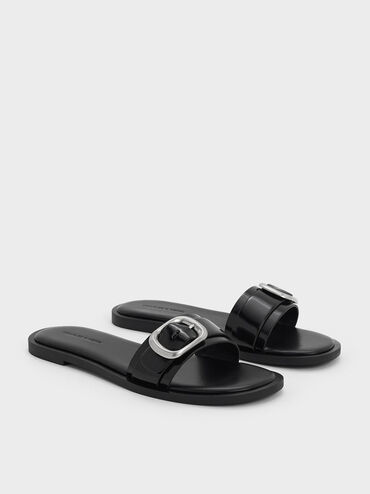 Buckle-Strap Slide Sandals, Black Boxed, hi-res