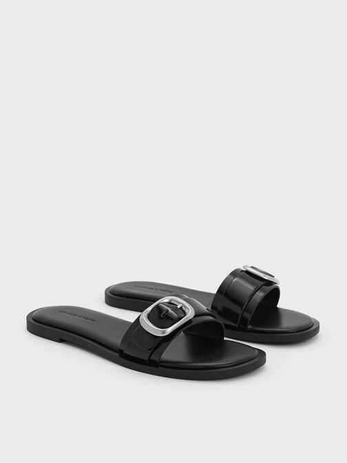 Buckle-Strap Slide Sandals, Black Boxed, hi-res