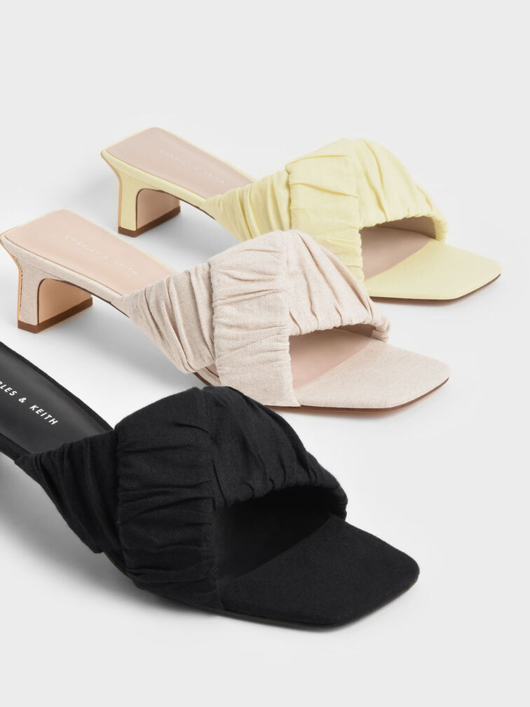 Linen Asymmetric Ruched Mules, Chalk, hi-res