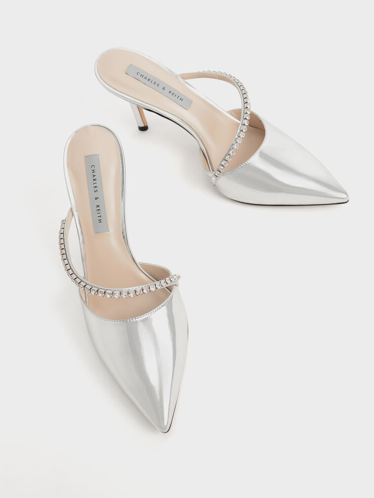 Gem-Encrusted Metallic Stiletto Mules, Silver, hi-res