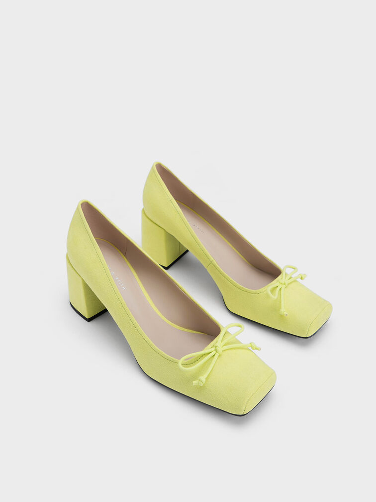 Bow Square-Toe Textured Pumps, Lime, hi-res