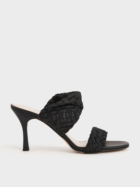 Double Strap Woven Heeled Mules, Black, hi-res