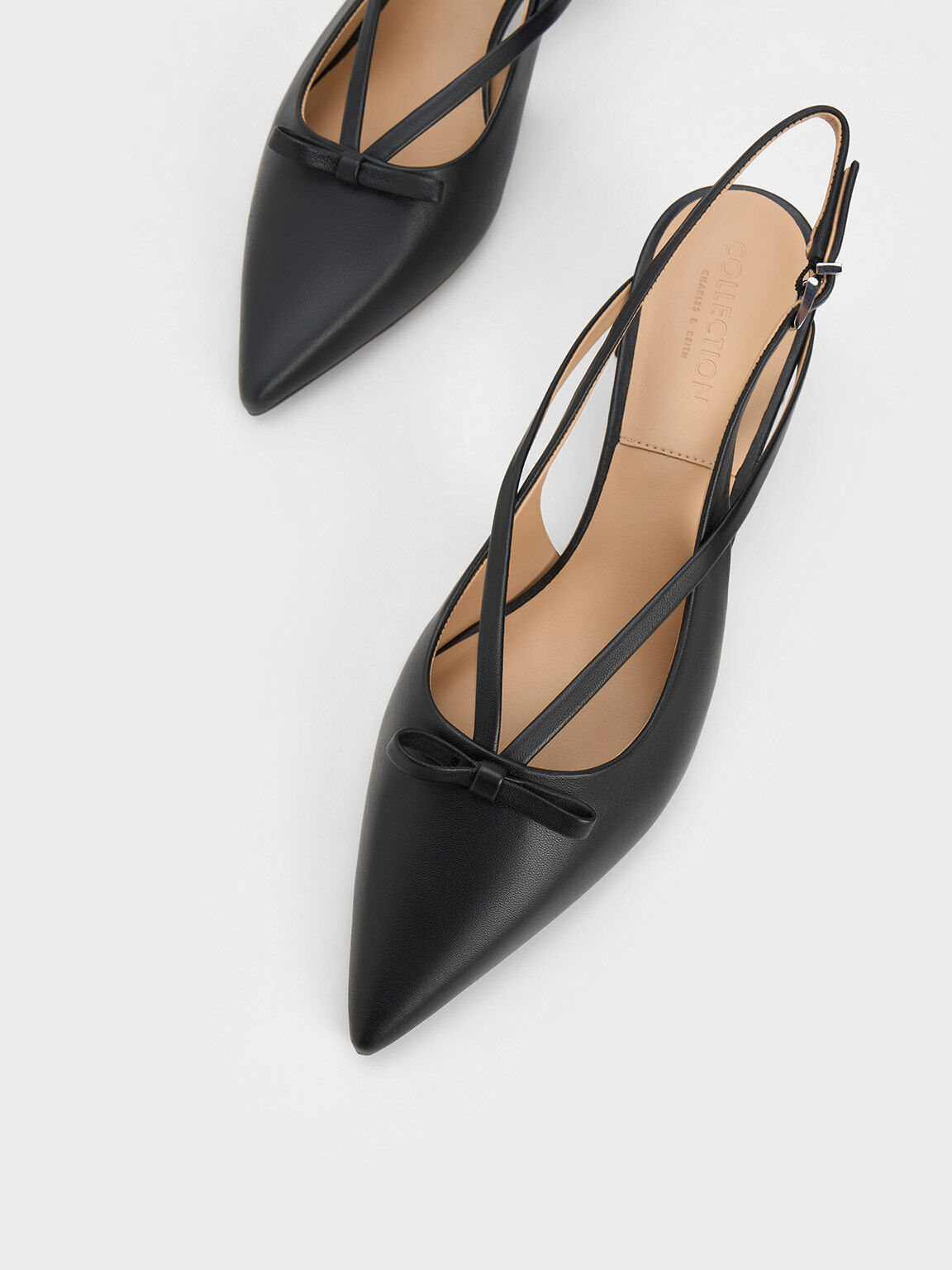Leather Bow Strappy Slingback Pumps, Black, hi-res
