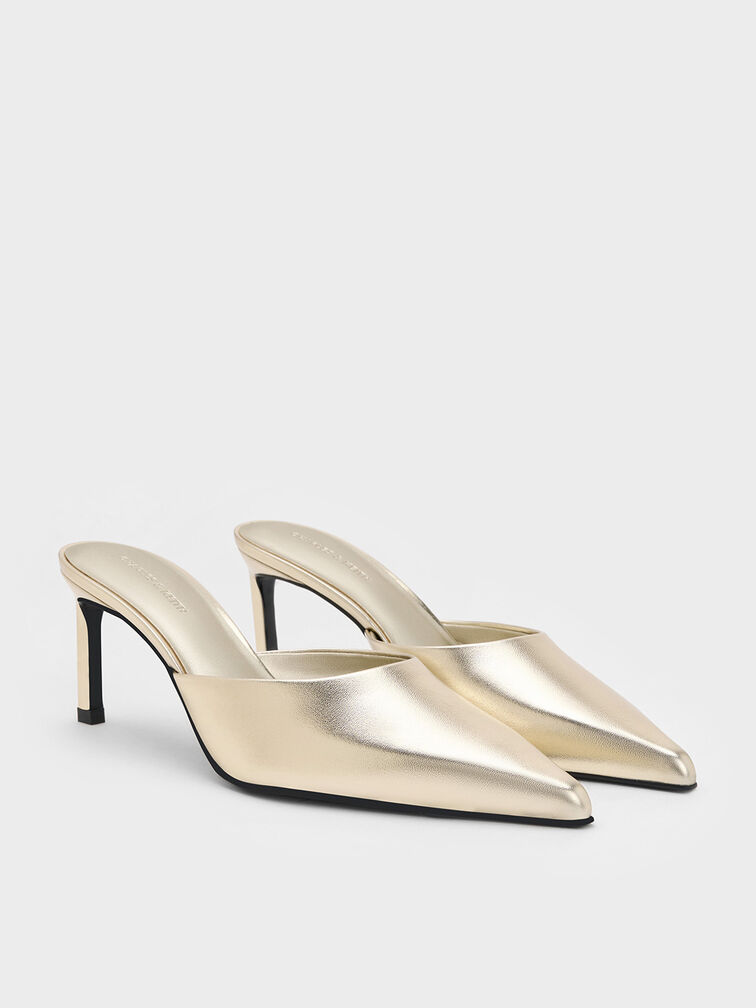 Metallic Pointed-Toe Heeled Mules, Gold, hi-res