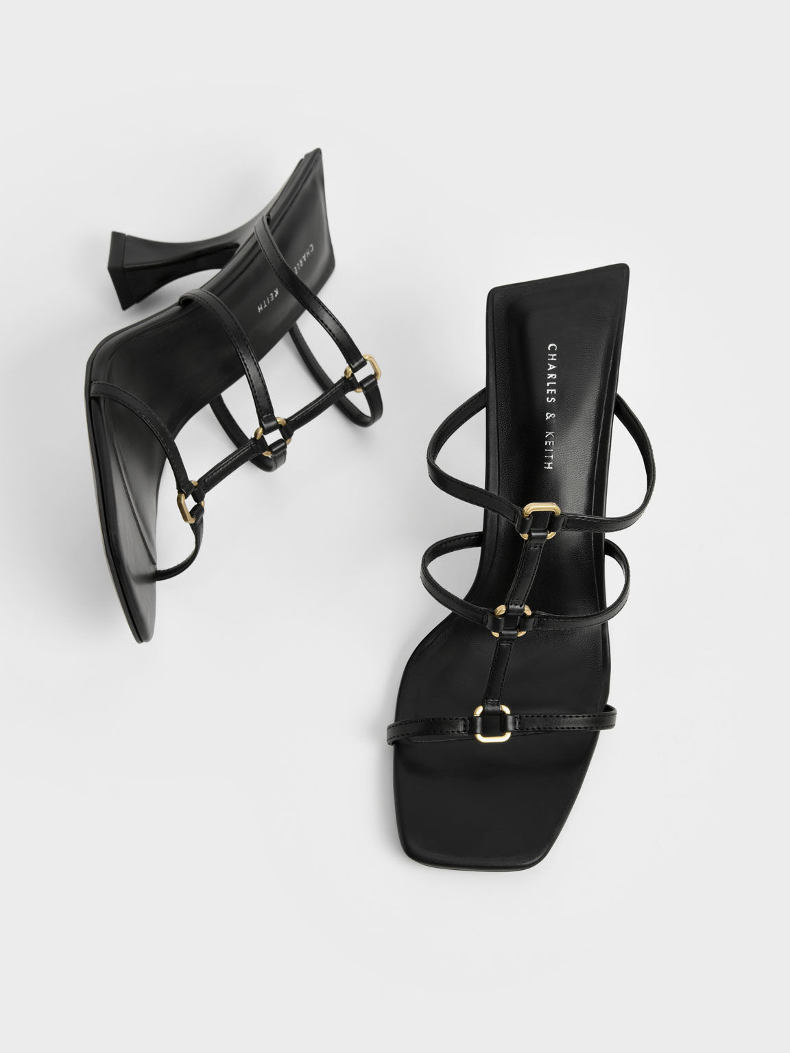 Strappy Sculptural Heel Mules, Black, hi-res