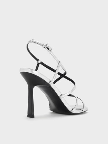 Metallic Strappy Crossover Trapeze-Heel Sandals, Silver, hi-res