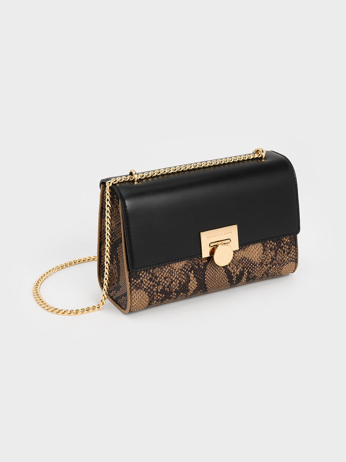 Snake Print Chain Strap Bag Beige