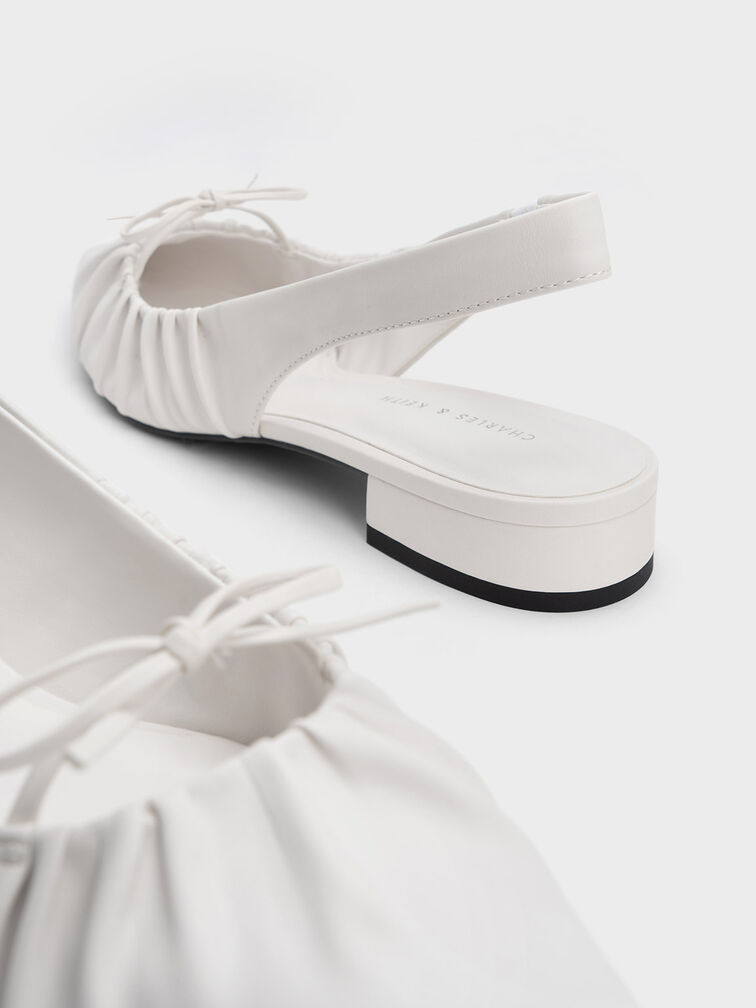 Bow Ruched Slingback Flats, White, hi-res