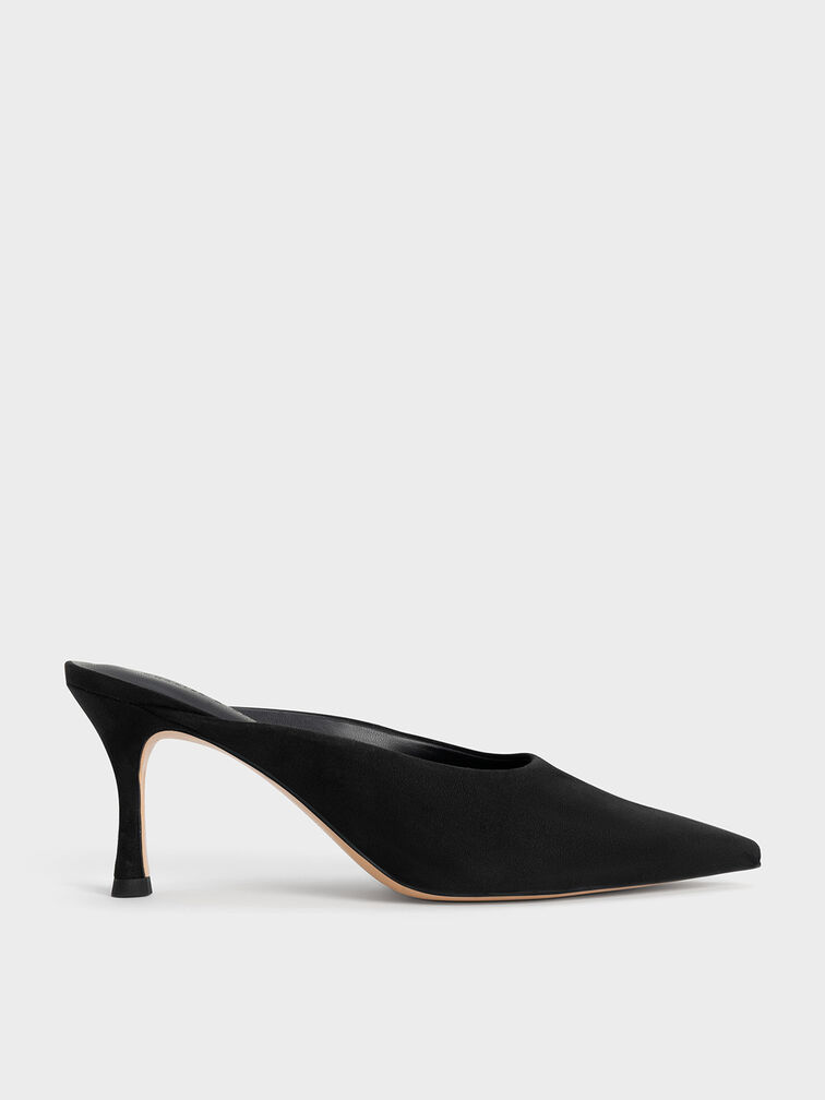 Textured Spool Heel Mules, Black, hi-res
