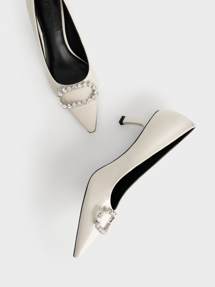 Gem-Embellished Patent Leather Pumps, Chalk, hi-res