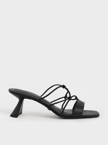 Strappy Leather Sculptural Heel Sandals, Black, hi-res