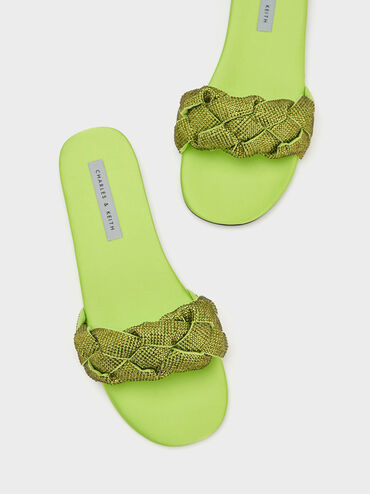 Gem-Embellished Braided Strap Slides, Green, hi-res