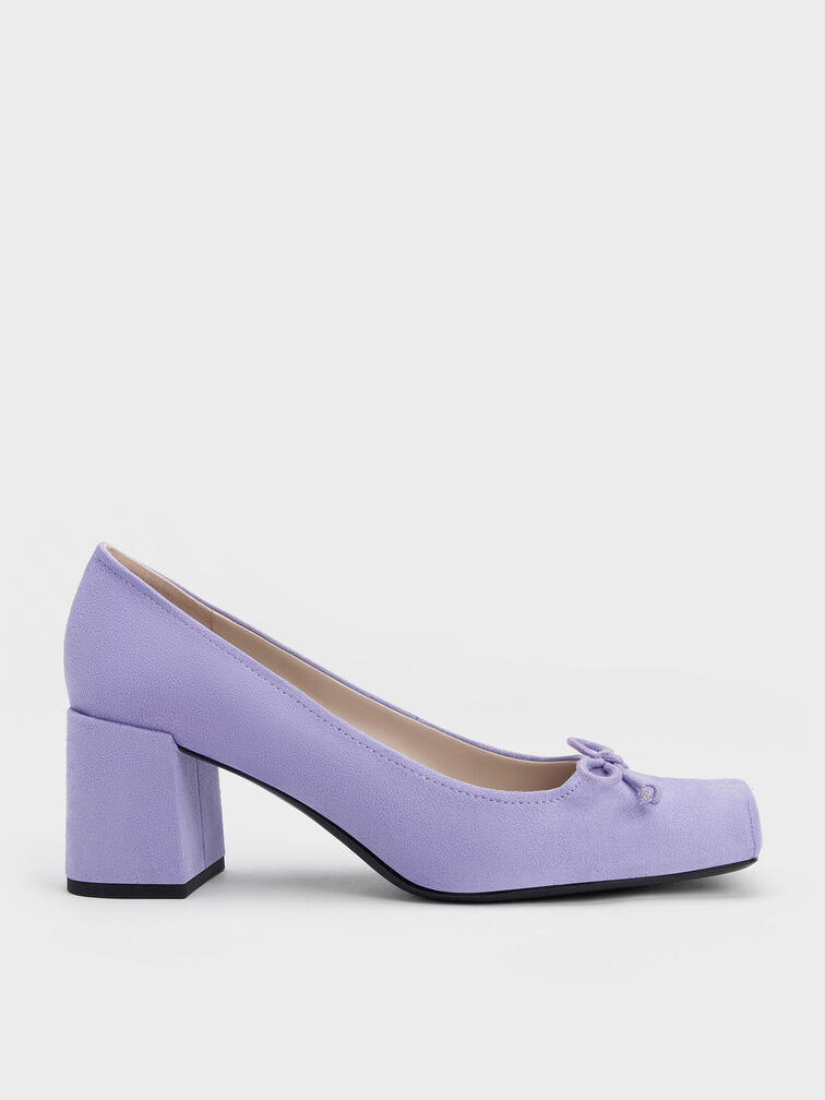 Bow Square-Toe Textured Pumps, Purple, hi-res