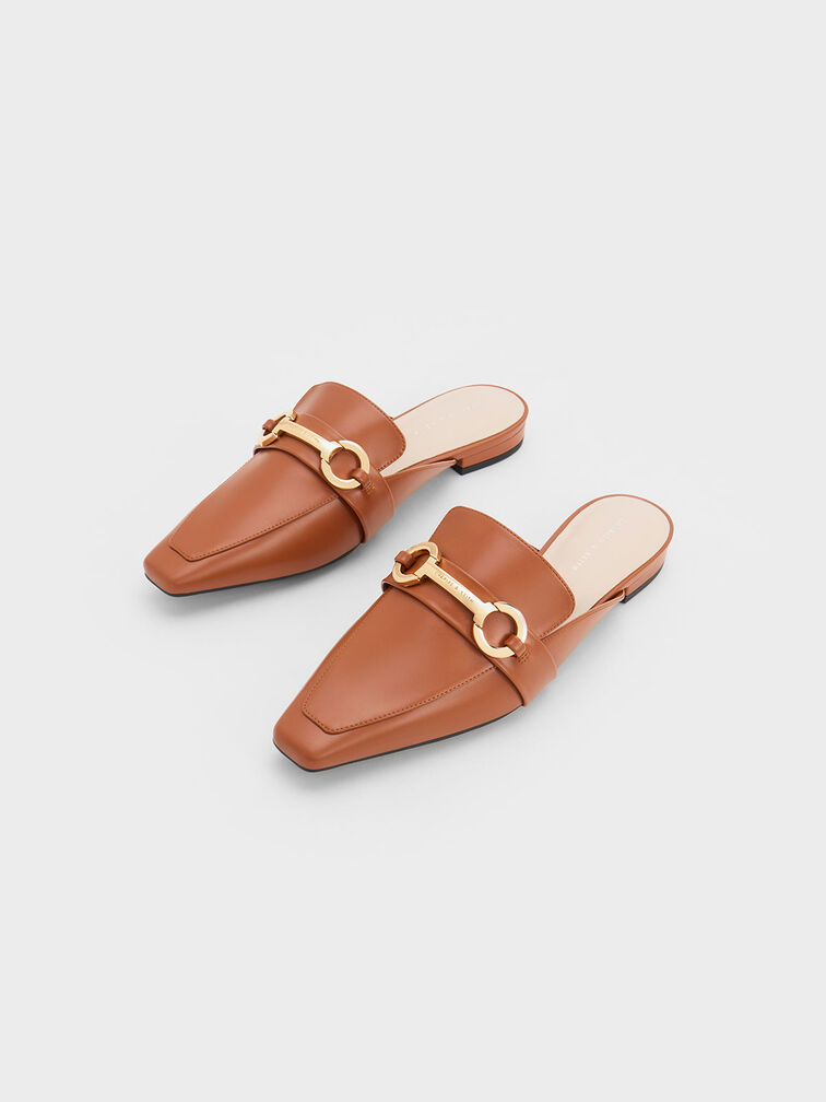 Metallic Accent Tapered Flat Mules, Cognac, hi-res