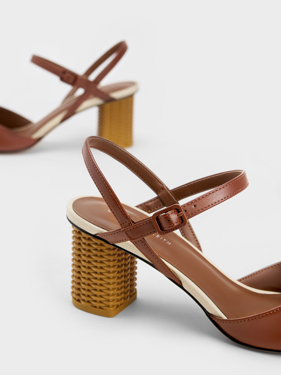 Cognac Rattan Block Heel Pumps CHARLES KEITH SA