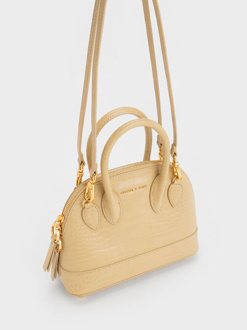 Harmonee Croc-Embossed Bowling Bag, Beige, hi-res
