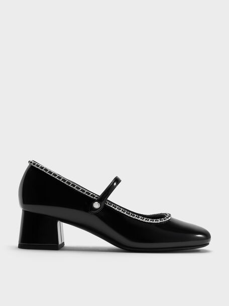 Braided-Chain Block-Heel Mary Jane Pumps, Black Boxed, hi-res