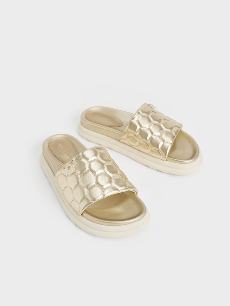 Metallic Textured Flatform Sliders, Gold, hi-res
