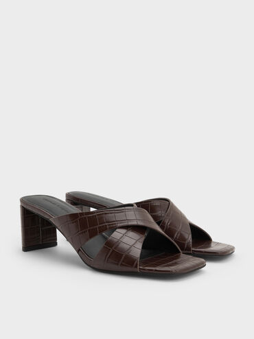 Georgina Croc-Effect Crossover-Strap Blade-Heel Mules, Animal Print Brown, hi-res