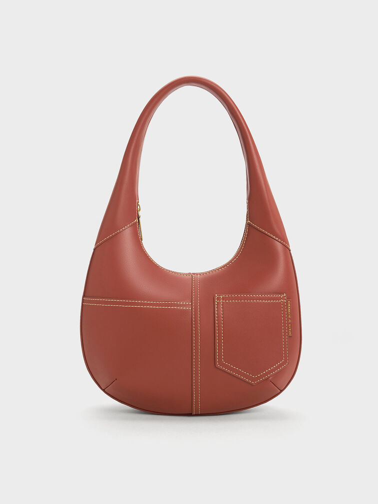 Anthea Contrast-Trim Curved Hobo Bag, Mocha, hi-res