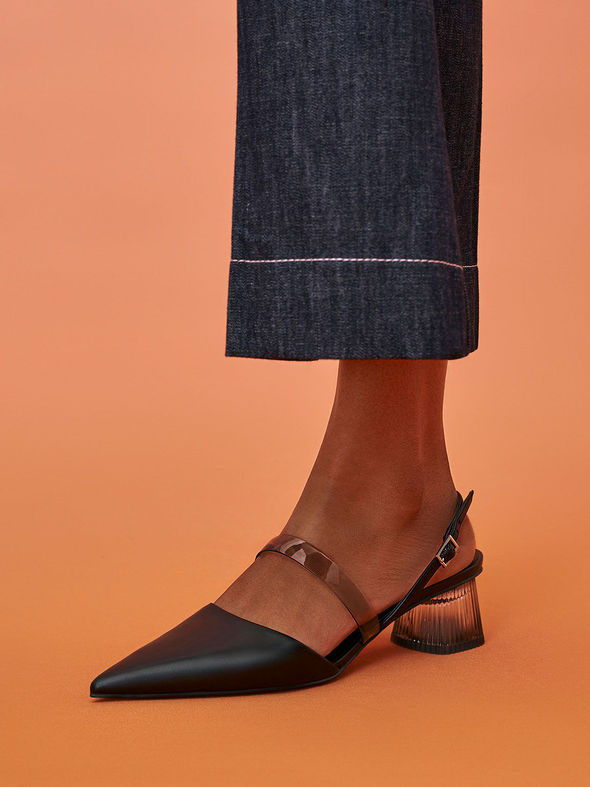 Clear Strap Slingback Pumps, Black, hi-res