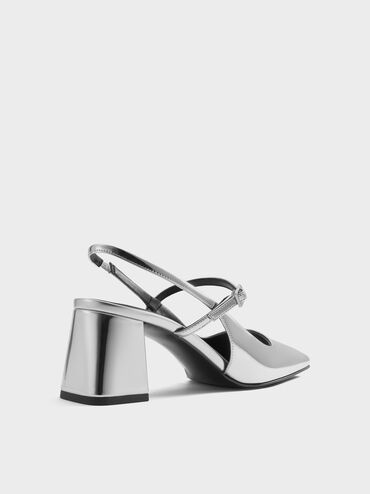 Metallic Square-Toe Mary Jane Slingback Pumps, Silver, hi-res