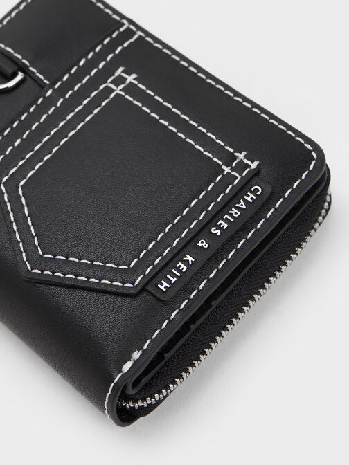 Anthea Contrast-Trim Zip Around Wallet, Black, hi-res