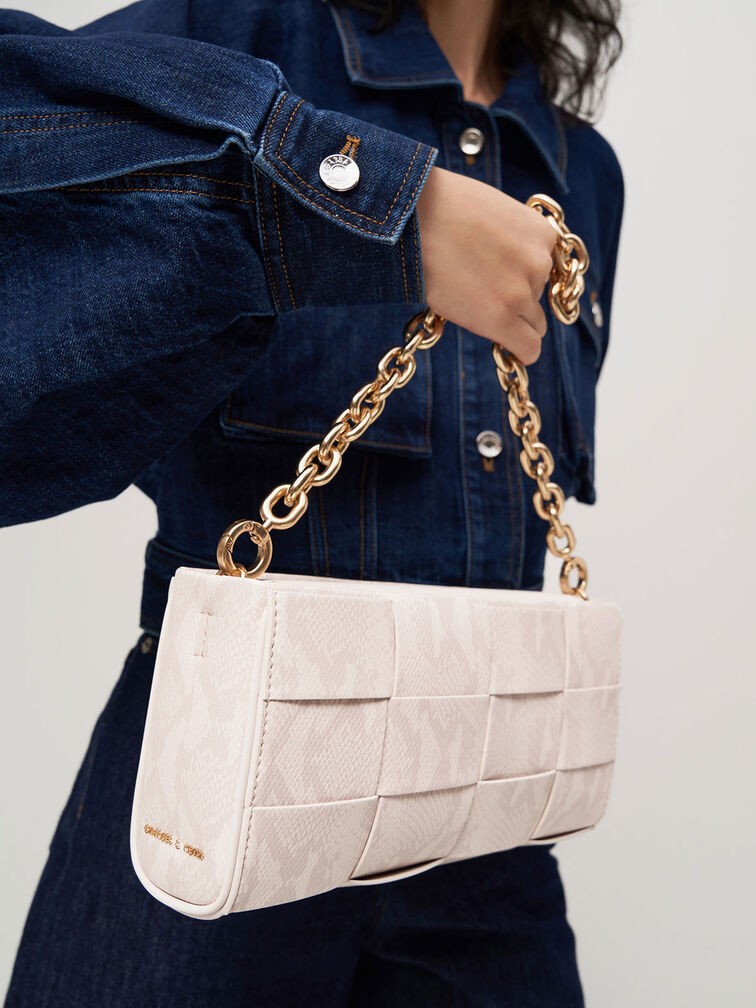 Snake-Print Woven Chain-Handle Bag, Chalk, hi-res
