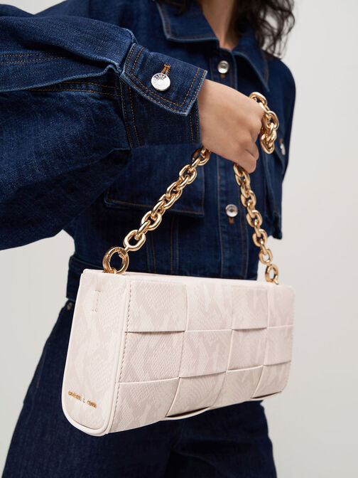 Snake-Print Woven Chain-Handle Bag, Chalk, hi-res