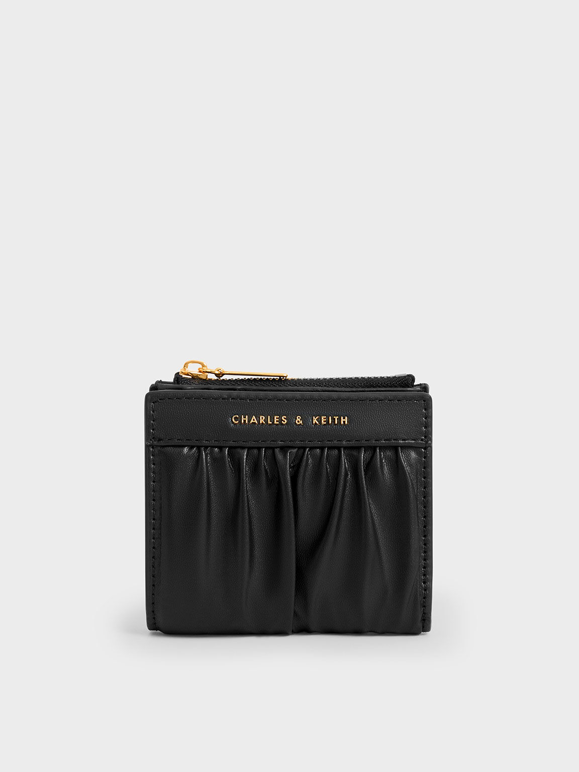 Ruched Short Wallet, Black, hi-res