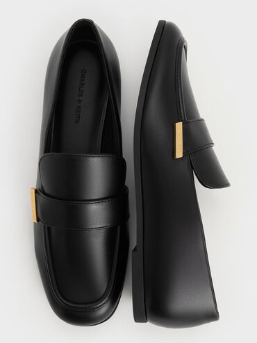 Almond-Toe Flat Loafers, Black, hi-res