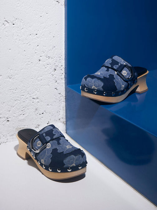 Gabine Floral Denim Studded Clogs, Blue, hi-res